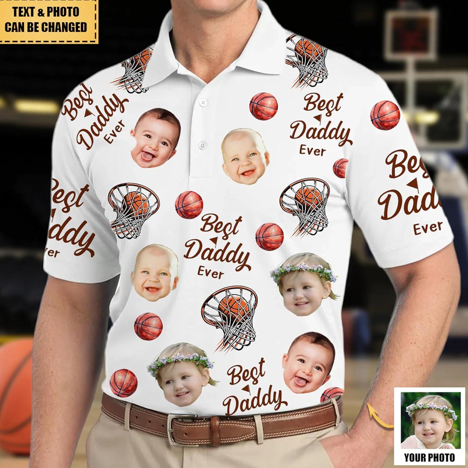 imageNAZENTI Custom Dad Polo Shirt with Kids Face Personalized Golf Polo Fathers Day Shirt Gift for Dad Grandpa DaddyE07 Basketball