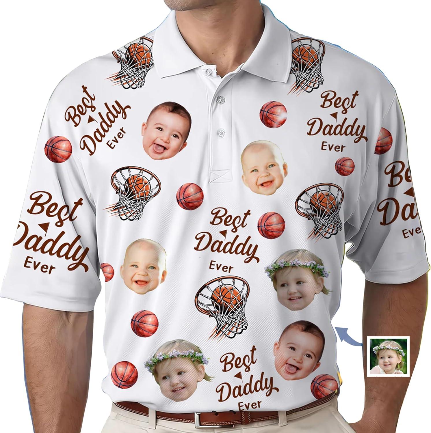 imageNAZENTI Custom Dad Polo Shirt with Kids Face Personalized Golf Polo Fathers Day Shirt Gift for Dad Grandpa DaddyE07 Basketball