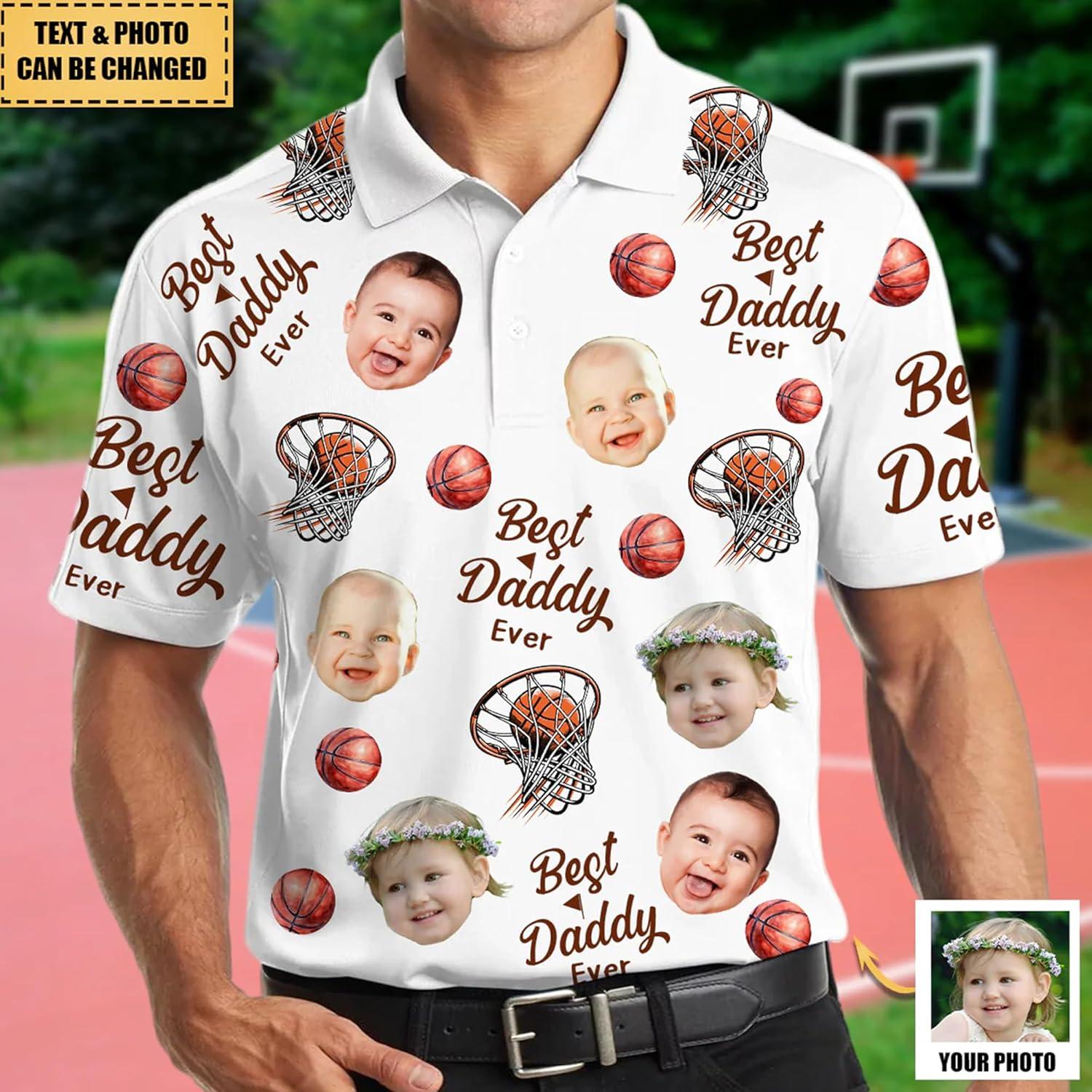 imageNAZENTI Custom Dad Polo Shirt with Kids Face Personalized Golf Polo Fathers Day Shirt Gift for Dad Grandpa DaddyE07 Basketball