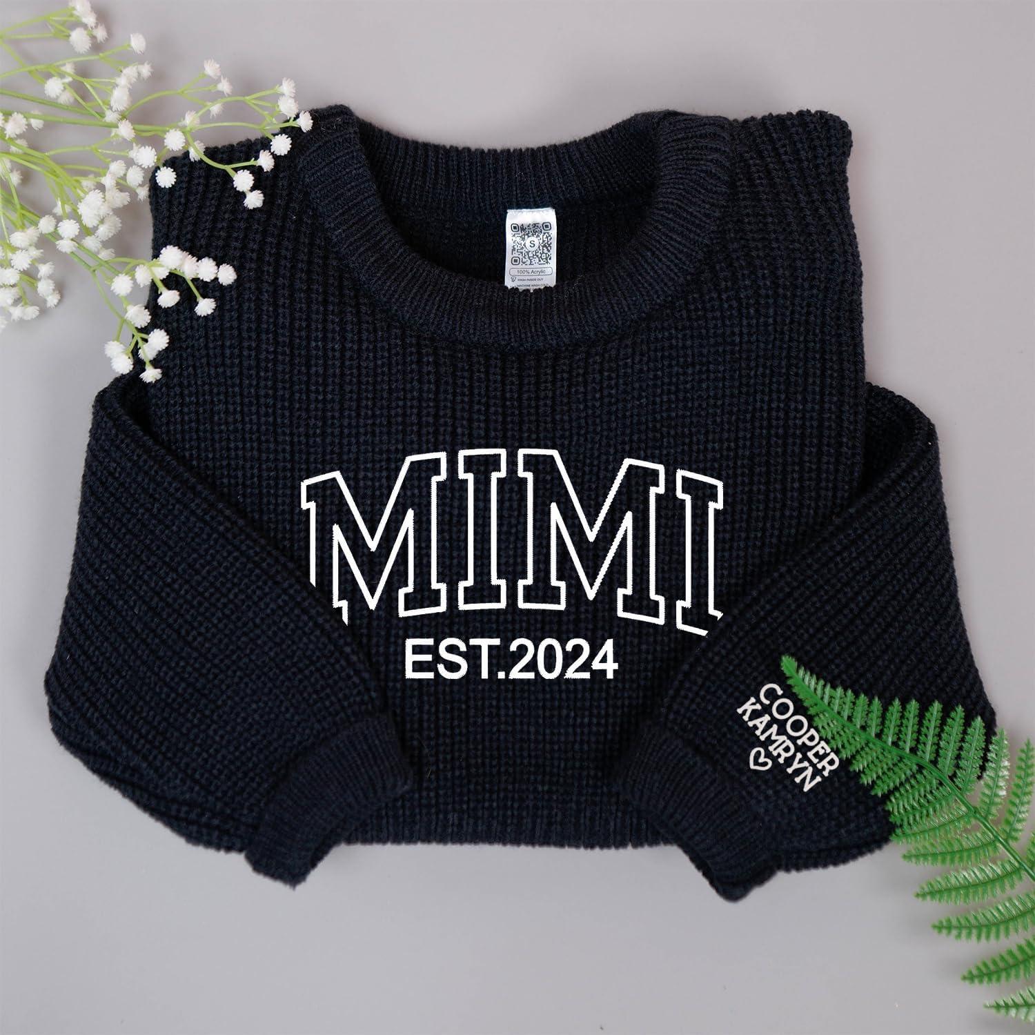 imageNAZENTI Custom Embroidered Grandma Sweater with Kids Name on Sleeve Personalized Mama Sweatshirt Grandma Sweatshirt GiftsMimi