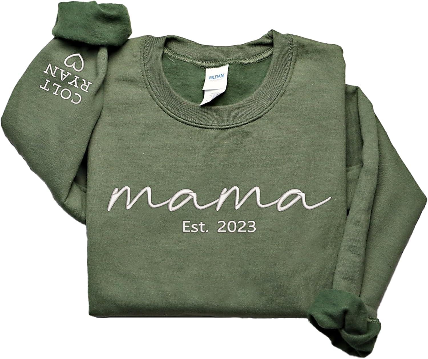 imageNAZENTI Mama Embroidered Fall Sweatshirt Mothers Day Sweatshirt Custom Mama Est Date Shirt with Kids Names on Sleeve Pregnancy Reveal Gift For New Mom Grandma Women Christmas Sweatshirt