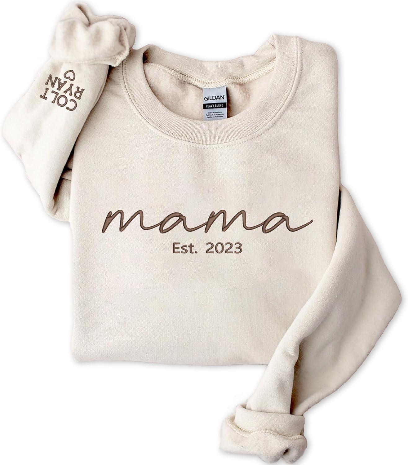 imageNAZENTI Mama Embroidered Fall Sweatshirt Mothers Day Sweatshirt Custom Mama Est Date Shirt with Kids Names on Sleeve Pregnancy Reveal Gift For New Mom Grandma Women Christmas Sweatshirt
