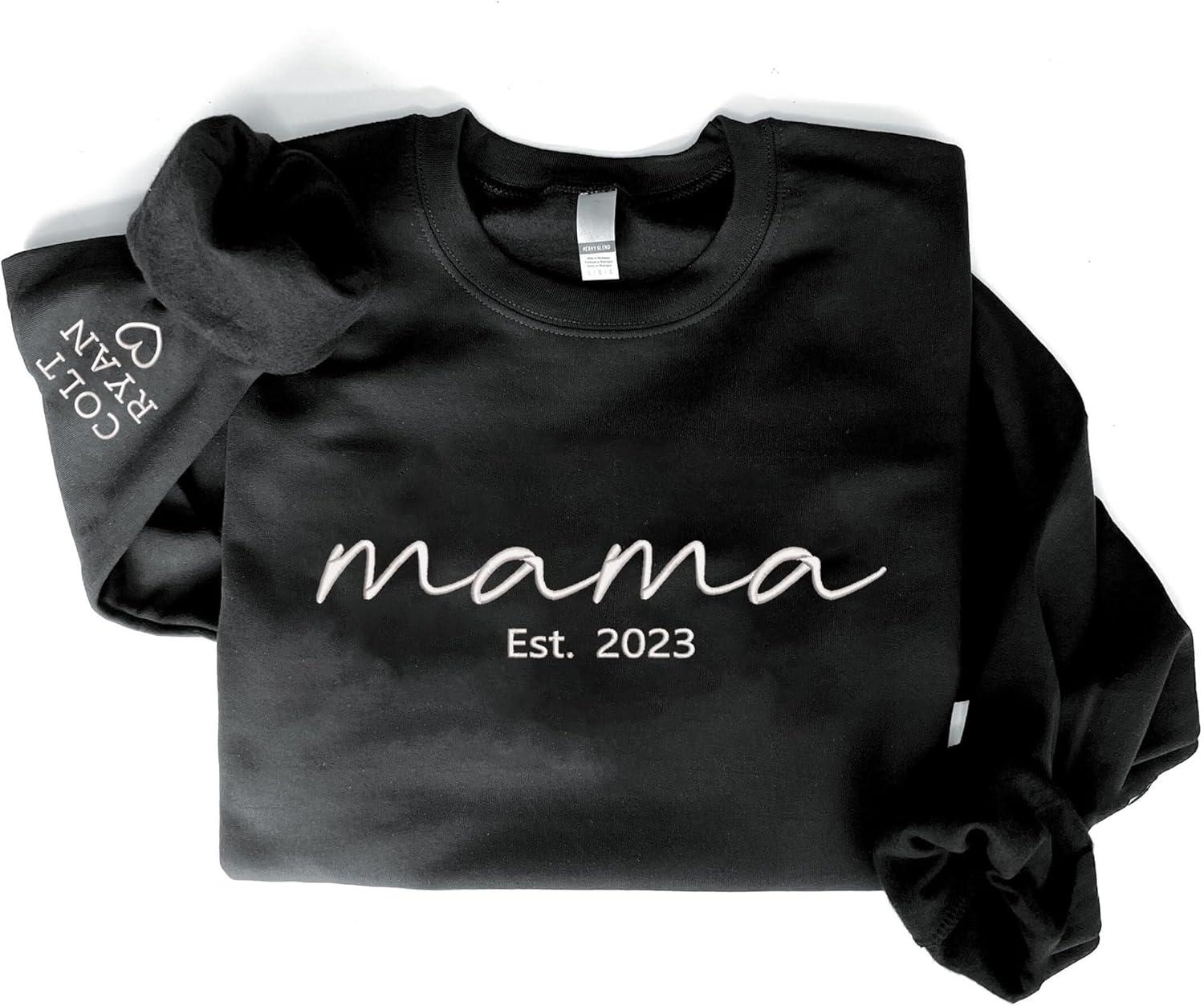 imageNAZENTI Mama Embroidered Fall Sweatshirt Mothers Day Sweatshirt Custom Mama Est Date Shirt with Kids Names on Sleeve Pregnancy Reveal Gift For New Mom Grandma Women Christmas Sweatshirt