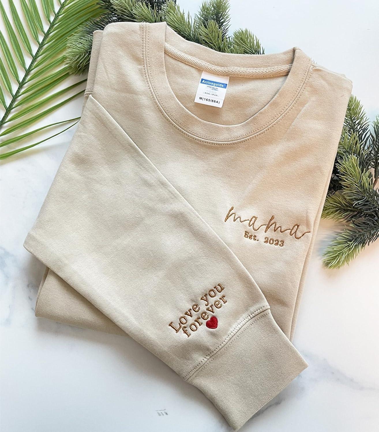 imageNAZENTI Mama Embroidered Sweatshirt Mothers Day Shirt Custom Mama Est Date Shirt with Kids Names on Sleeve Pregnancy Reveal Shirt Gift For New Mom Grandma Women Christmas Sweatshirt