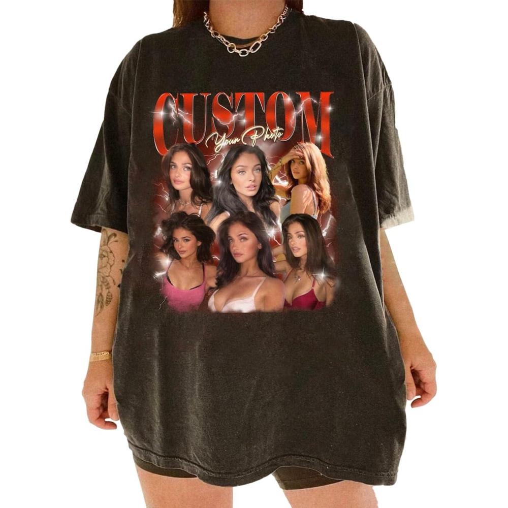 imageIZI POD Vintage Graphic 90s Tshirt Custom Photo Shirt Insert Your Design Girlfriend Boyfriend Birthday Gifts Custom Face Shirt