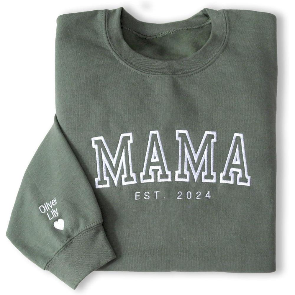 imageNAZENTI Letter Embroidered Mama Sweatshirt Mothers Day Shirt Custom Mama Est Shirt with Kids Names on Sleeve Pregnancy Reveal Gift for New Mom Grandma Women Christmas Sweatshirt