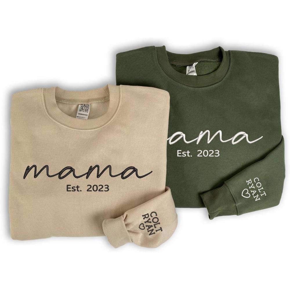 imageNAZENTI Mama Embroidered Fall Sweatshirt Mothers Day Sweatshirt Custom Mama Est Date Shirt with Kids Names on Sleeve Pregnancy Reveal Gift For New Mom Grandma Women Christmas Sweatshirt