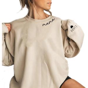 NAZENTI Custom Mama Sweatshirt with Kid Name on Sleeve, Personalized Mom Sweatshirt, Minimalist Mama Est Hoodie Sweater, Mama Christmas Shirt for Women, Gift for Mom Mommy, Mothers Day Shirt S-4XL