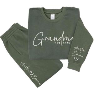 NAZENTI Embroidered Grandma Sweatshirts & Pants, Pesonalized Grandma Est Sweatshirt, Custom Women Christmas Pant with Kids(#1. Grandma)