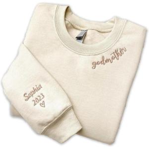 NAZENTI Godmother Sweatshirt, Mama Embroidered Sweatshirt, Mothers Day Sweatshirt, Custom Mama Shirt with Kids Names on Sleeve, Gifts for New Mom Grandma, Women Sweatshirt for Christmas