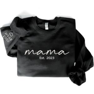 NAZENTI Mama Embroidered Est Date Sweatshirt, Mothers Day Shirt, Custom Mama Shirt with Kids Names on Sleeve, Pregnancy Reveal Shirt Gift For New Mom Grandma, Women Christmas Sweatshirt