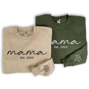 NAZENTI Mama Embroidered Fall Sweatshirt, Mothers Day Sweatshirt, Custom Mama Est Date Shirt with Kids Names on Sleeve, Pregnancy Reveal Gift For New Mom Grandma, Women Christmas Sweatshirt