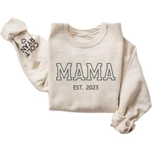 NAZENTI Mama Embroidered Sweatshirt, Mothers Day Shirt, Custom Mama Shirt with Kids Names, Varsity Letter Embroidery Crewneck Pullover, Pregnancy Reveal Gift for New Mom, Women Christmas Sweatshirt