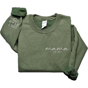 NAZENTI Mama Est Sweatshirt, Embroidered Pocket Sweatshirt, Mothers Day Sweatshirt, Custom Mama Shirt with Kids Names on Sleeve, Gifts for New Mom Grandma, Women Sweatshirt for Christmas