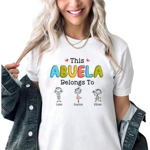 NAZENTI This Grandma Belongs to Drawing Personalized Shirt, Custom Grandma Mom with Kids Names Shirt, Gift for Mothers Day(Abuela)
