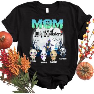 Personalized Mom Halloween Shirt – Custom Grandma T-Shirt for Little Monsters, Cute Women’s Long Sleeve Tee Sweatshirt, Birthday Gifts S-4XL