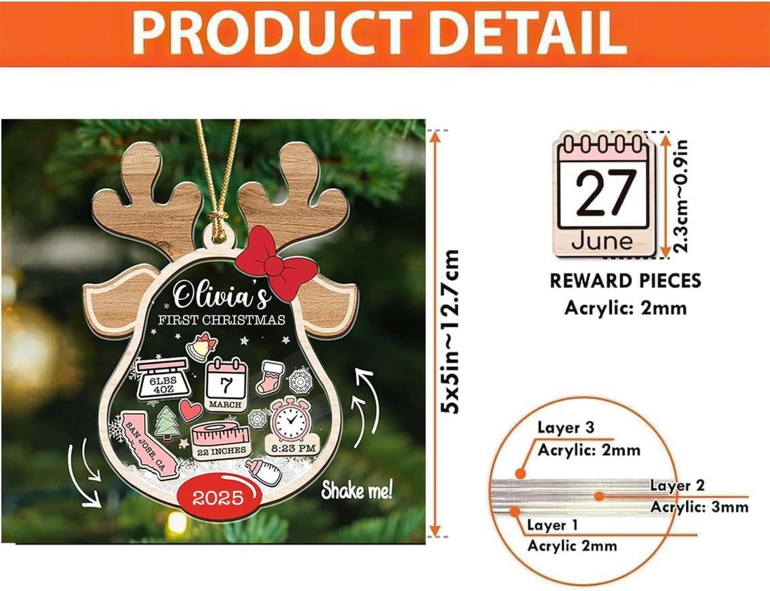 imageNAZENTI Personalized Babys First Christmas Ornament 2025 Custom Babies 1st Christmas Keepsake with Name 4D Shake Decoration for Christmas Tree Newborn Holiday Ornament Unique Baby GiftDesign 3