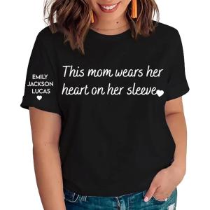 NAZENTI Grandma Wears Her Heart On Her Sleeve Shirt – Mother Day Shirt, Custom Name on Sleeve Personalized Gift for Mommy Mom(#06 Mom)