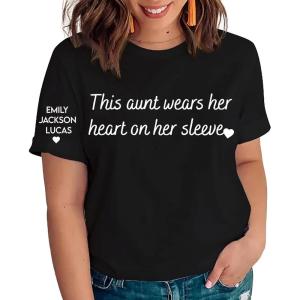 NAZENTI Grandma Wears Her Heart On Her Sleeve Shirt – Mother Day Shirt, Custom Name on Sleeve Personalized Gift for Mommy Mom(#11 Aunt)