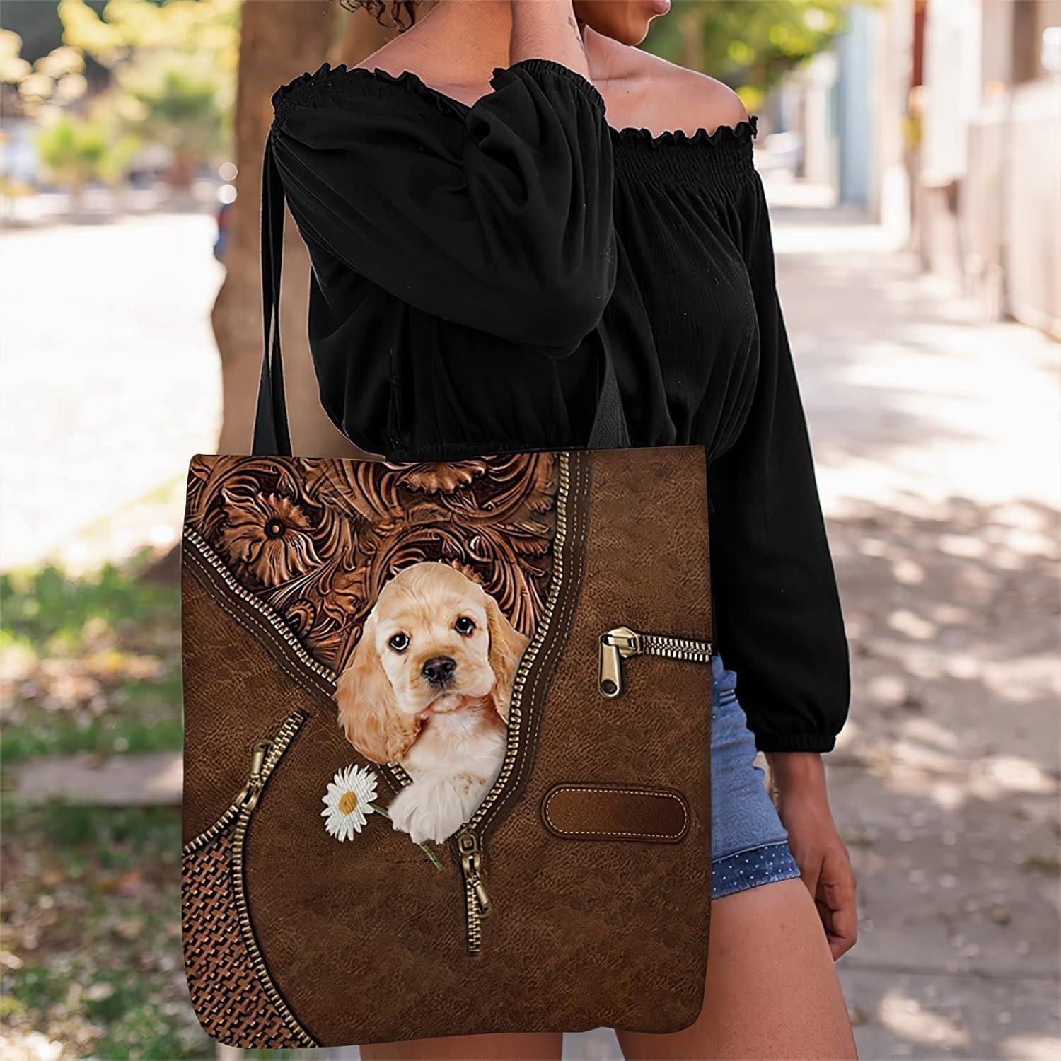 imageNAZENTI Personalized Dog Tote Bag Cocker Spaniel Holding Daisy Tote Bag All Over Printed Women Tote Bag Customized Dog Mom Name Custom Dog Gift for Mother Dog Lover