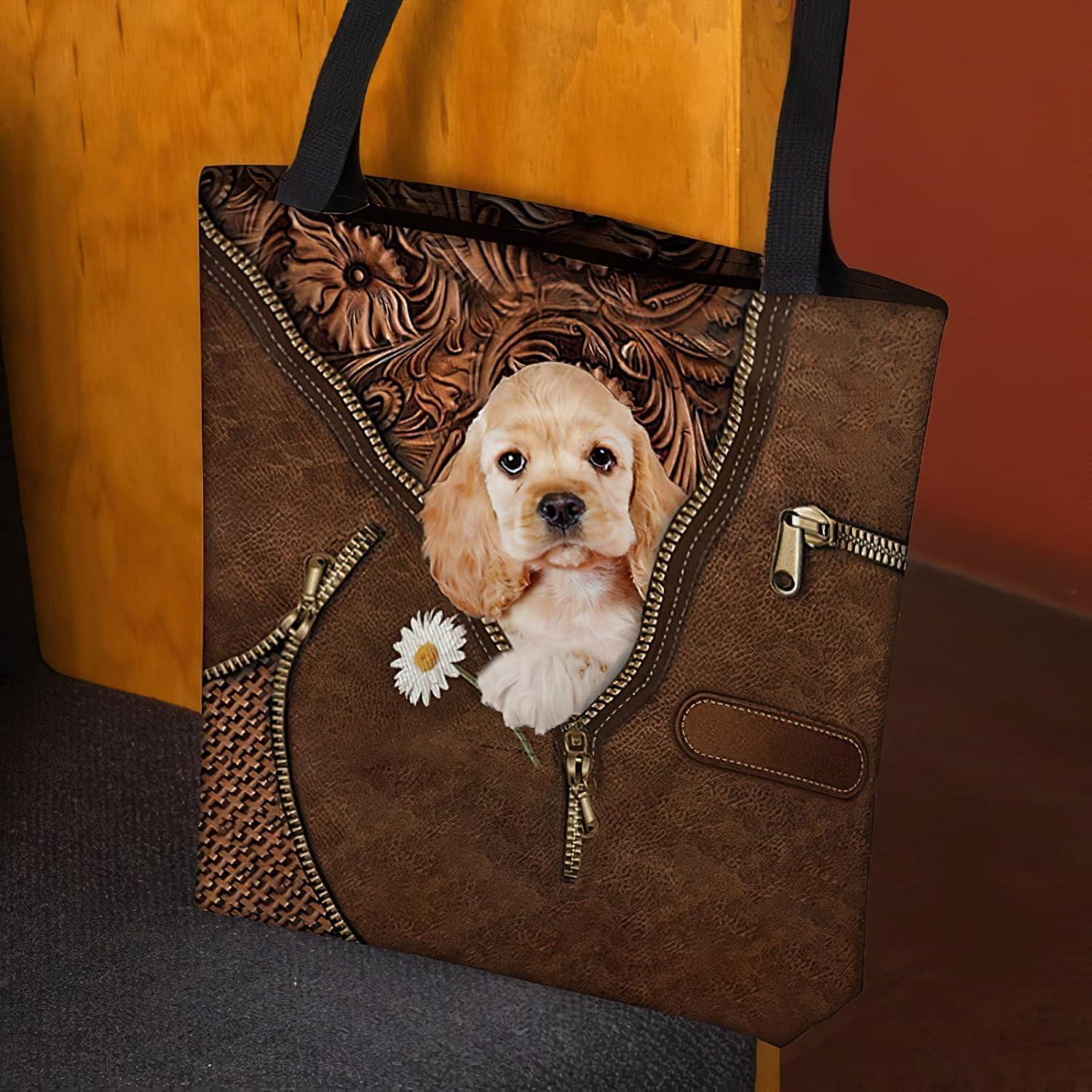 imageNAZENTI Personalized Dog Tote Bag Cocker Spaniel Holding Daisy Tote Bag All Over Printed Women Tote Bag Customized Dog Mom Name Custom Dog Gift for Mother Dog Lover