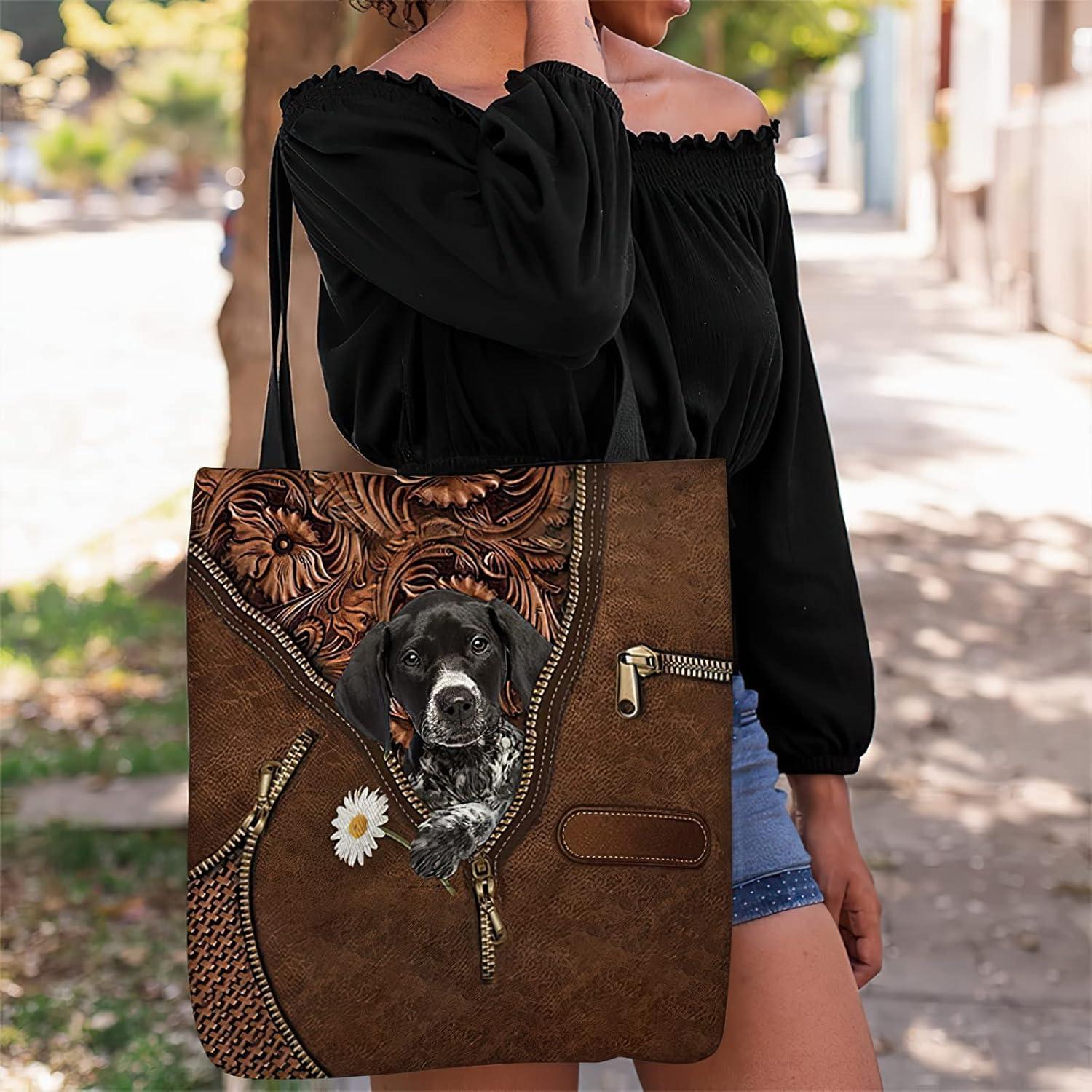 imageNAZENTI Personalized Dog Tote Bag German Shorthaired Pointer Holding Daisy Tote Bag All Over Printed Women Tote Bag Customized Dog Mom Name Custom Dog Gift for Mother Dog Lover