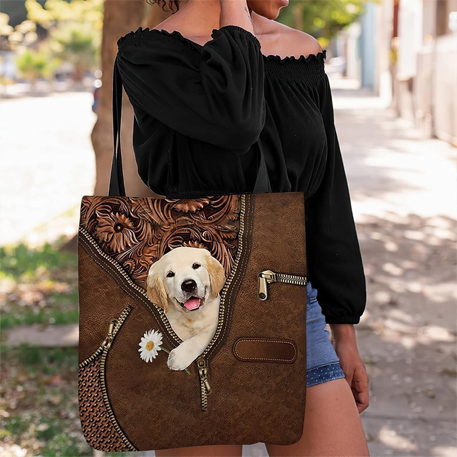 imageNAZENTI Personalized Dog Tote Bag Golden Retriever Holding Daisy Tote Bag All Over Printed Women Tote Bag Customized Dog Mom Name Custom Dog Gift for Mother Dog Lover