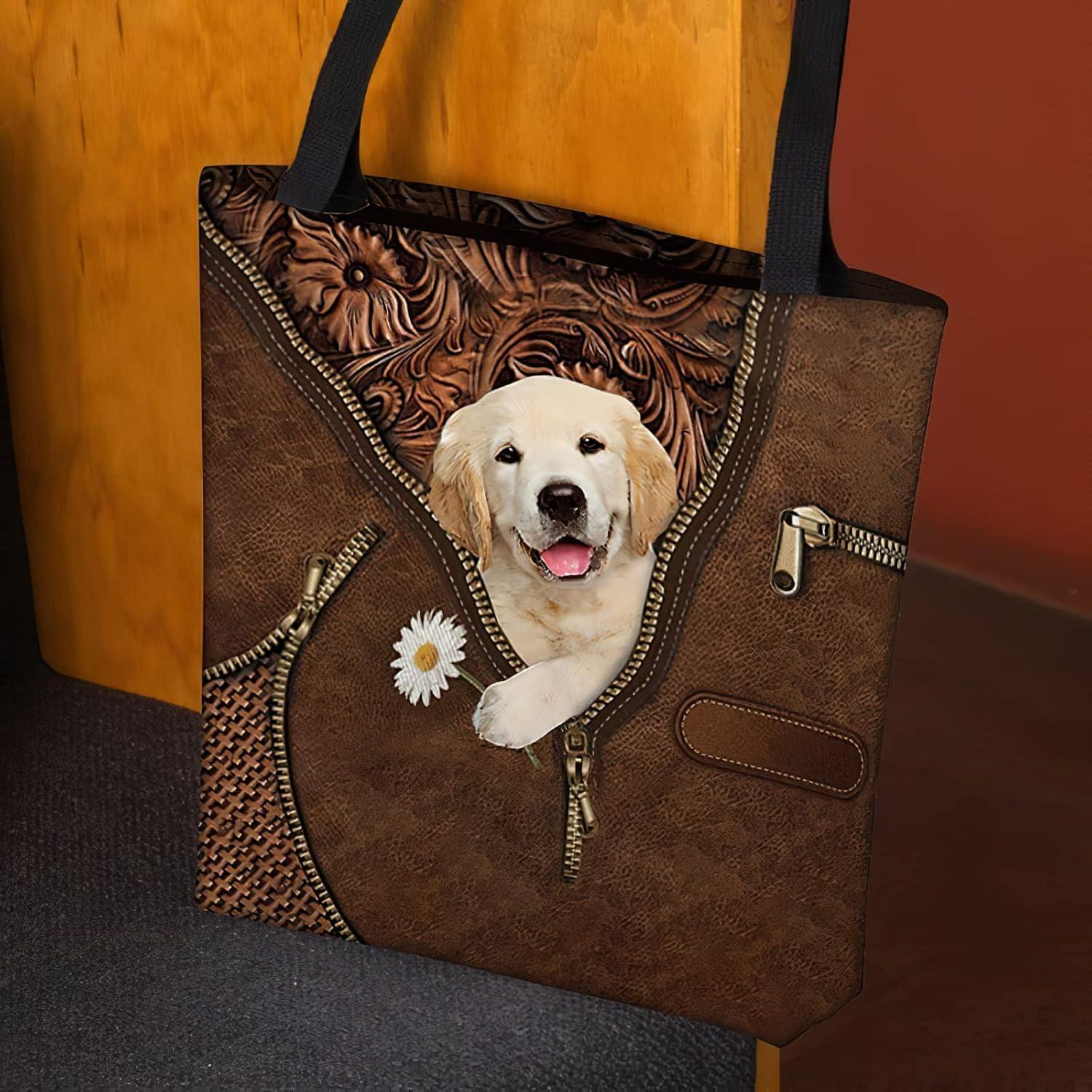imageNAZENTI Personalized Dog Tote Bag Golden Retriever Holding Daisy Tote Bag All Over Printed Women Tote Bag Customized Dog Mom Name Custom Dog Gift for Mother Dog Lover