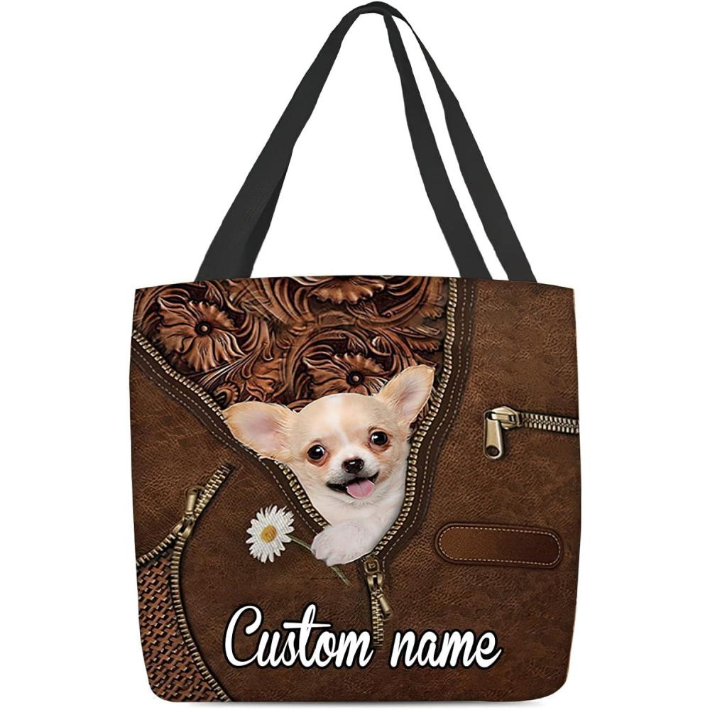 imageNAZENTI Personalized Dog Tote Bag Chihuahua Holding Daisy Tote Bag All Over Printed Women Tote Bag  Customized Dog Mom Name Custom Dog Gift for Mother Dog Lover