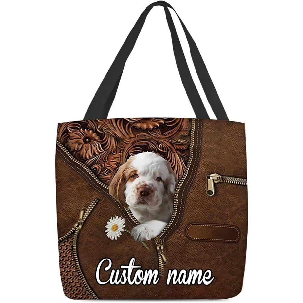 imageNAZENTI Personalized Dog Tote Bag Clumber Spaniel Holding Daisy Tote Bag All Over Printed Women Tote Bag  Customized Dog Mom Name Custom Dog Gift for Mother Dog Lover