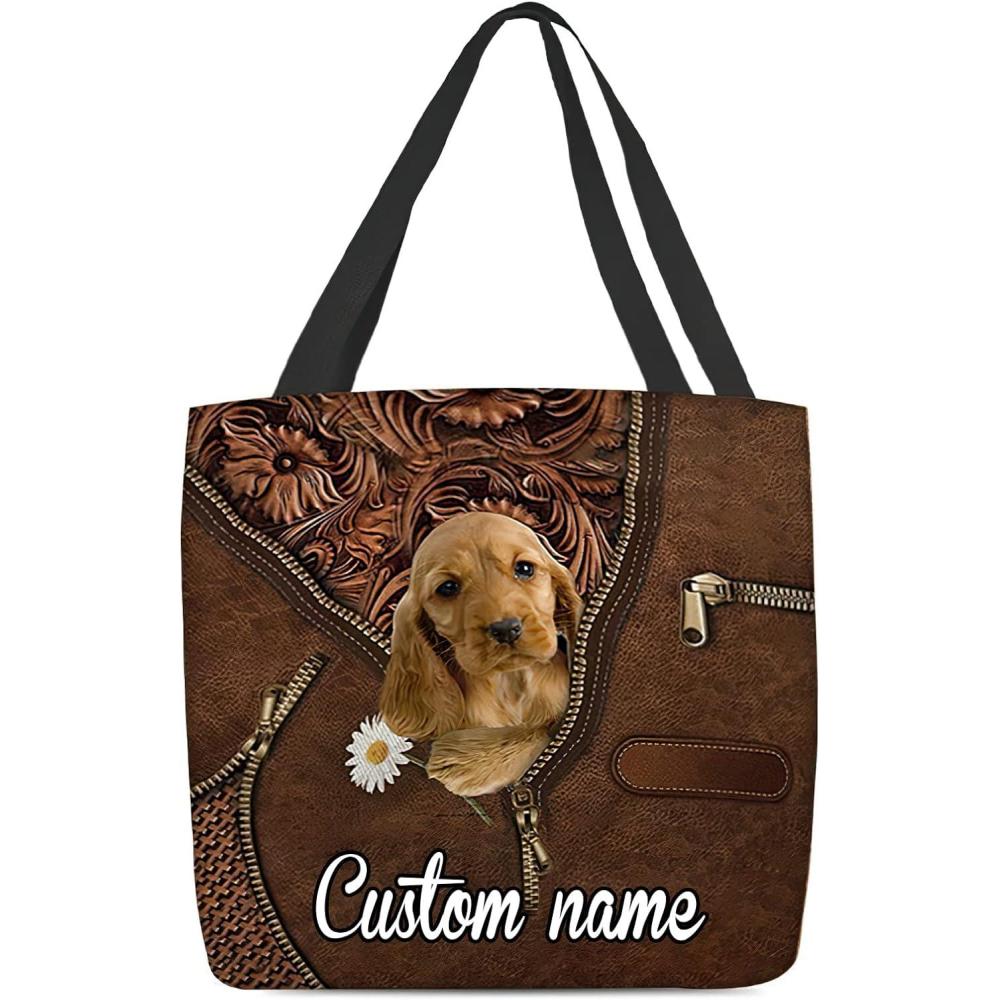imageNAZENTI Personalized Dog Tote Bag English Cocker Spaniel Holding Daisy Tote Bag All Over Printed Women Tote Bag  Customized Dog Mom Name Custom Dog Gift for Mother Dog Lover
