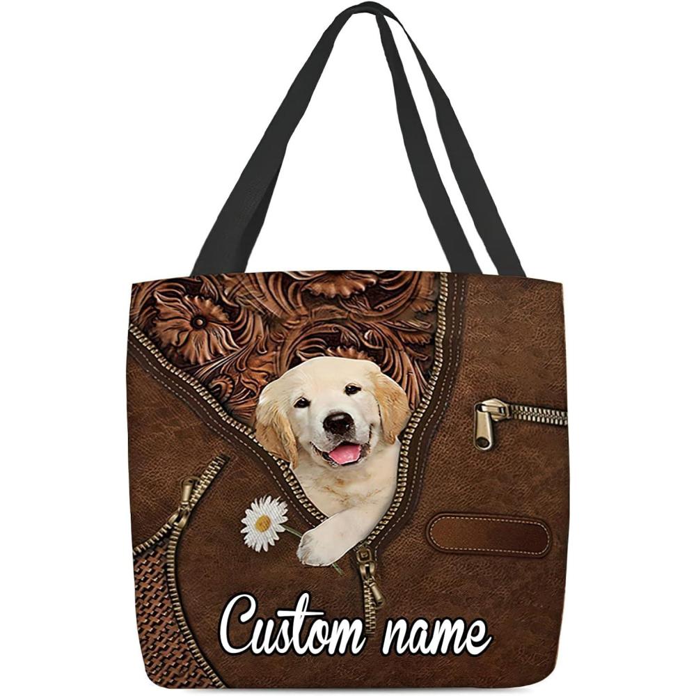 imageNAZENTI Personalized Dog Tote Bag Golden Retriever Holding Daisy Tote Bag All Over Printed Women Tote Bag  Customized Dog Mom Name Custom Dog Gift for Mother Dog Lover