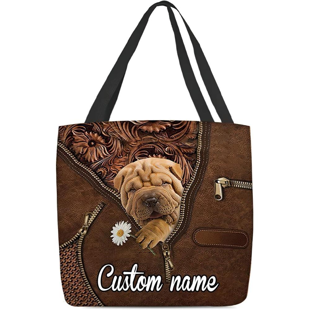 imageNAZENTI Personalized Dog Tote Bag Shar Pei Holding Daisy Tote Bag All Over Printed Women Tote Bag  Customized Dog Mom Name Custom Dog Gift for Mother Dog Lover