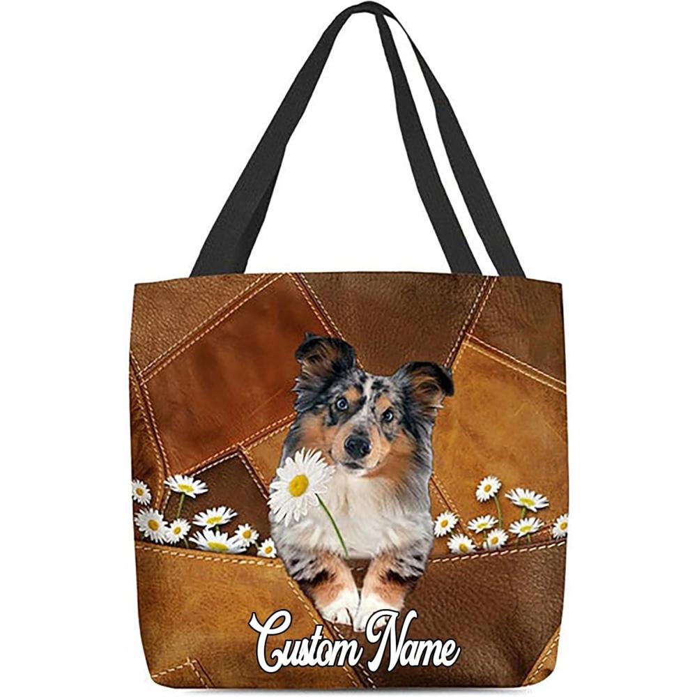 imageNAZENTI Personalized Dog Tote BagCustom Dog Holding Daisy All Over Printed Tote Bag Gift for Women Mother Dog LoverShetland Sheepdog1