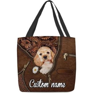 NAZENTI Personalized Dog Tote Bag- Cocker Spaniel Holding Daisy Tote Bag All Over Printed- Women Tote Bag – Customized Dog Mom Name- Custom Dog Gift for Mother, Dog Lover
