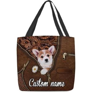 NAZENTI Personalized Dog Tote Bag- Corgi Holding Daisy Tote Bag All Over Printed- Women Tote Bag – Customized Dog Mom Name- Custom Dog Gift for Mother, Dog Lover