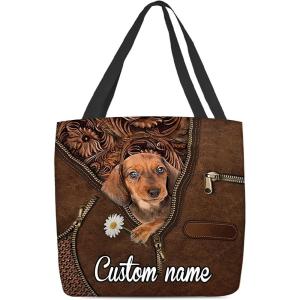 NAZENTI Personalized Dog Tote Bag- Dachshund 3 Holding Daisy Tote Bag All Over Printed- Women Tote Bag – Customized Dog Mom Name- Custom Dog Gift for Mother, Dog Lover