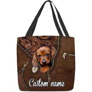 NAZENTI Personalized Dog Tote Bag- Dachshund Holding Daisy Tote Bag All Over Printed- Women Tote Bag – Customized Dog Mom Name- Custom Dog Gift for Mother, Dog Lover
