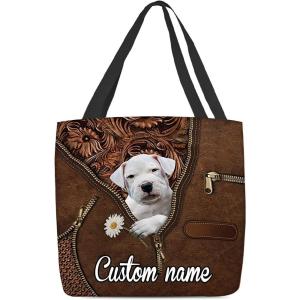 NAZENTI Personalized Dog Tote Bag- Dogo Argentino Holding Daisy Tote Bag All Over Printed- Women Tote Bag – Customized Dog Mom Name- Custom Dog Gift for Mother, Dog Lover