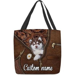 NAZENTI Personalized Dog Tote Bag- Husky Holding Daisy Tote Bag All Over Printed- Women Tote Bag – Customized Dog Mom Name- Custom Dog Gift for Mother, Dog Lover