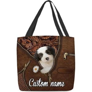 NAZENTI Personalized Dog Tote Bag- Old English Sheepdog Holding Daisy Tote Bag All Over Printed- Women Tote Bag – Customized Dog Mom Name- Custom Dog Gift for Mother, Dog Lover