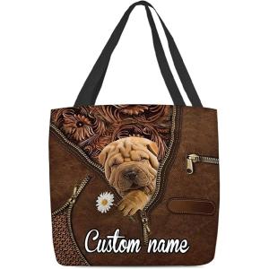 NAZENTI Personalized Dog Tote Bag- Shar Pei Holding Daisy Tote Bag All Over Printed- Women Tote Bag – Customized Dog Mom Name- Custom Dog Gift for Mother, Dog Lover