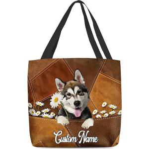 NAZENTI Personalized Dog Tote Bag-Custom Dog Holding Daisy All Over Printed Tote Bag- Gift for Women, Mother, Dog Lover(Alaskan Malamute)