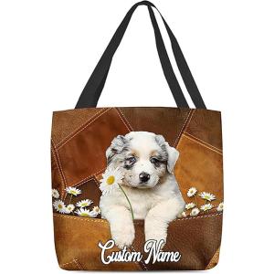 NAZENTI Personalized Dog Tote Bag-Custom Dog Holding Daisy All Over Printed Tote Bag- Gift for Women, Mother, Dog Lover(Australian Shepherd)