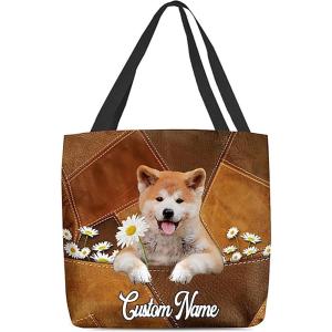 NAZENTI Personalized Dog Tote Bag-Custom Dog Holding Daisy All Women Tote Bag- Gift for Women, Mother, Grandma, Dog Lover(Akita Inu)