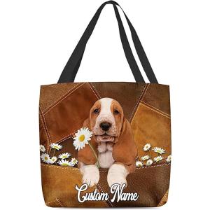NAZENTI Personalized Dog Tote Bag-Custom Dog Holding Daisy All Women Tote Bag- Gift for Women, Mother, Grandma, Dog Lover(Basset Hound)