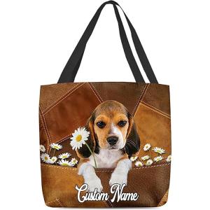 NAZENTI Personalized Dog Tote Bag-Custom Dog Holding Daisy All Women Tote Bag- Gift for Women, Mother, Grandma, Dog Lover(Beagle)