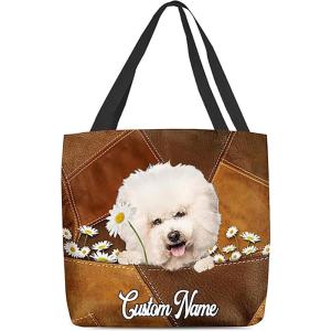 NAZENTI Personalized Dog Tote Bag-Custom Dog Holding Daisy All Women Tote Bag- Gift for Women, Mother, Grandma, Dog Lover(Bichon Frise)