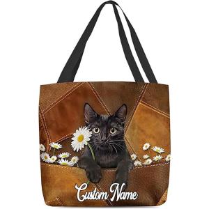 NAZENTI Personalized Dog Tote Bag-Custom Dog Holding Daisy All Women Tote Bag- Gift for Women, Mother, Grandma, Dog Lover(Black Cat)