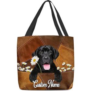 NAZENTI Personalized Dog Tote Bag-Custom Dog Holding Daisy All Women Tote Bag- Gift for Women, Mother, Grandma, Dog Lover(Black Labrador Retriever)